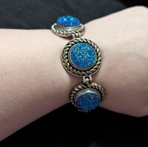 Silver Tone Blue Glitter Snap Charm Statement Bracelet